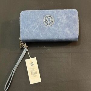 Christian Lacroix Light Denim Double Zipper Wallet NWT Card Slots Pockets
